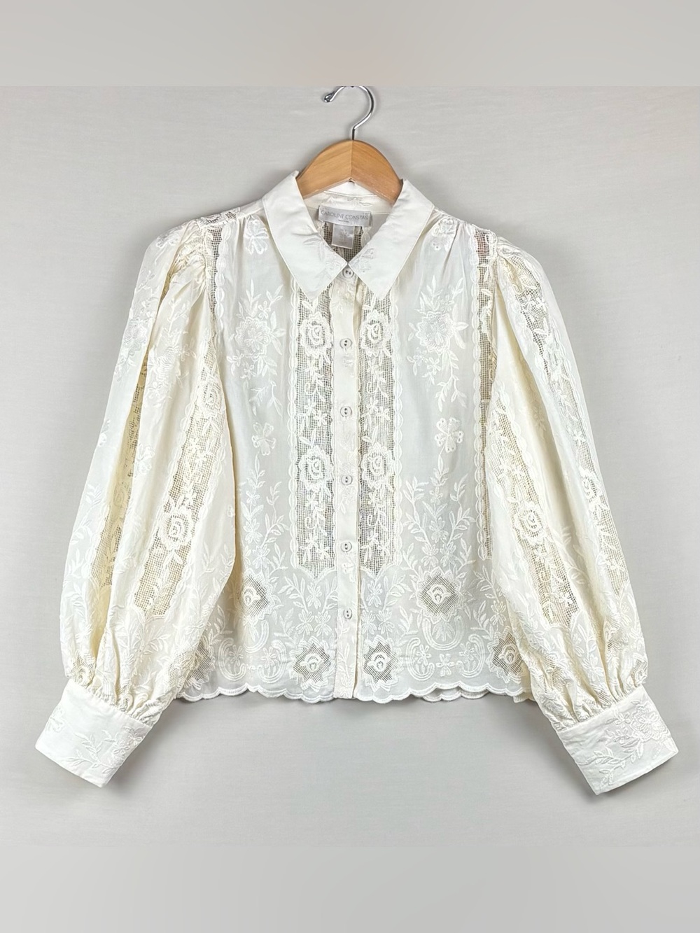 Caroline Constas White Embroidered Lace Puff Sleeve Blouse Top Size S